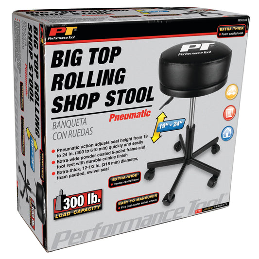 Performance Tool W85033 Extra-Thick Big Top Pneumatic Rolling Shop Stool for Mechanic Garages and Workshops, Black, 19x19x18.5-Inches