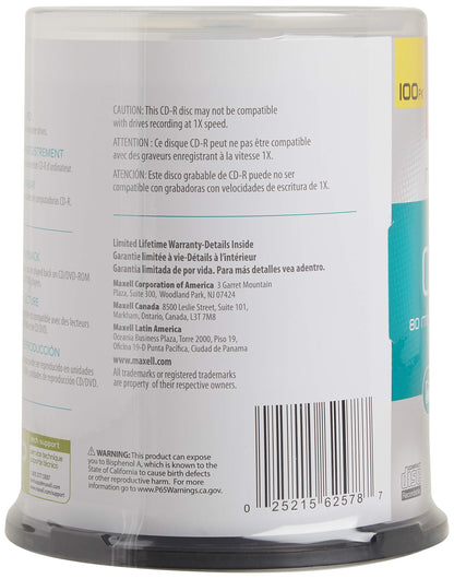 Maxell 648200, Premium Quality Noise free Surface Playback Recordable CDs 700Mb Storage – 2x to 48x, Write Speed 80 minutes - Blank CDs, CD Storage & Reusable Spindle Case Holder – 100 Pack