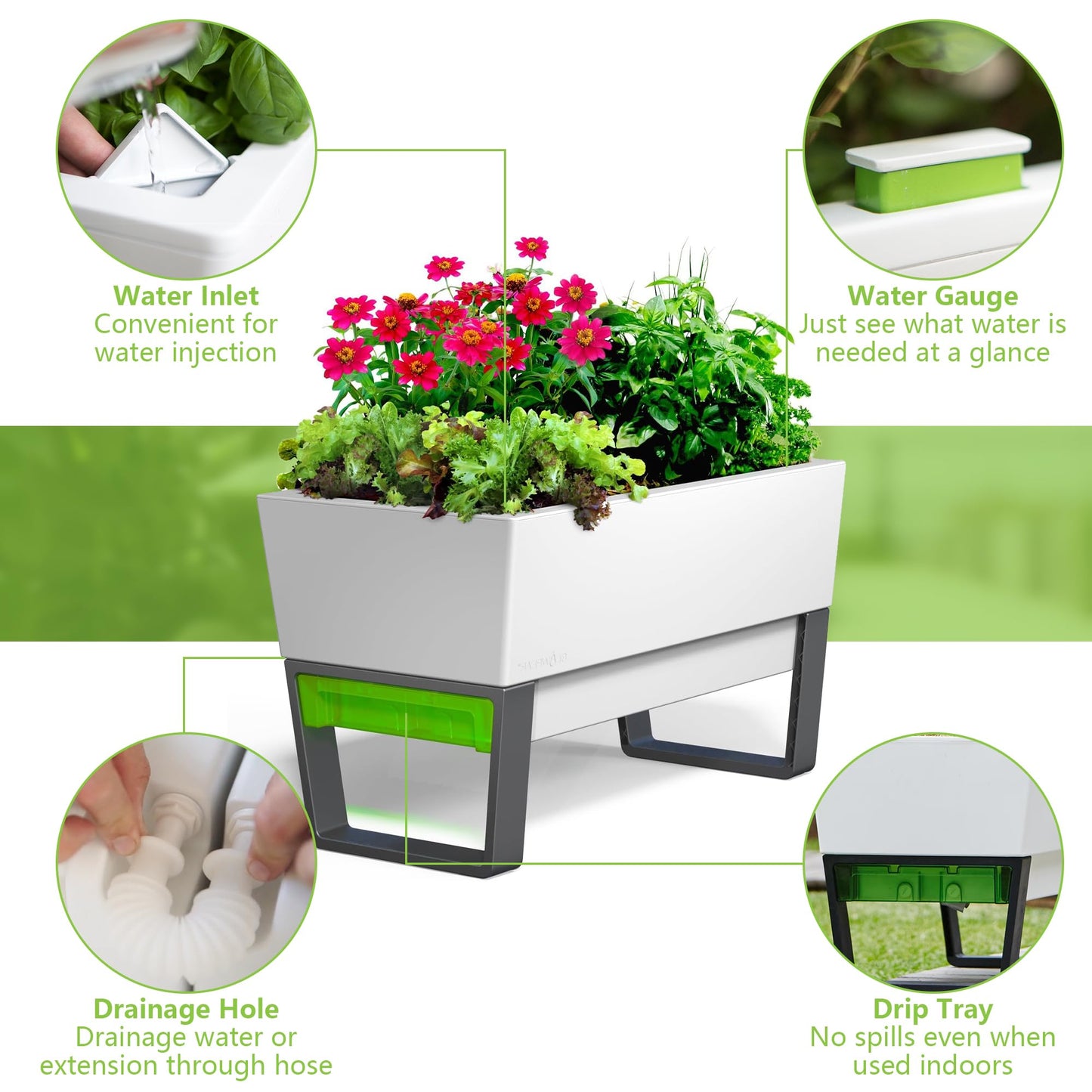 Glowpear Self Watering Planter Box - 29.5", White - UV Stable, Scalable Urban Raised Garden Bed with Water Gauge, Indoor Outdoor for Vegetables, Flowers, Herbs, and Succulents, Gardening