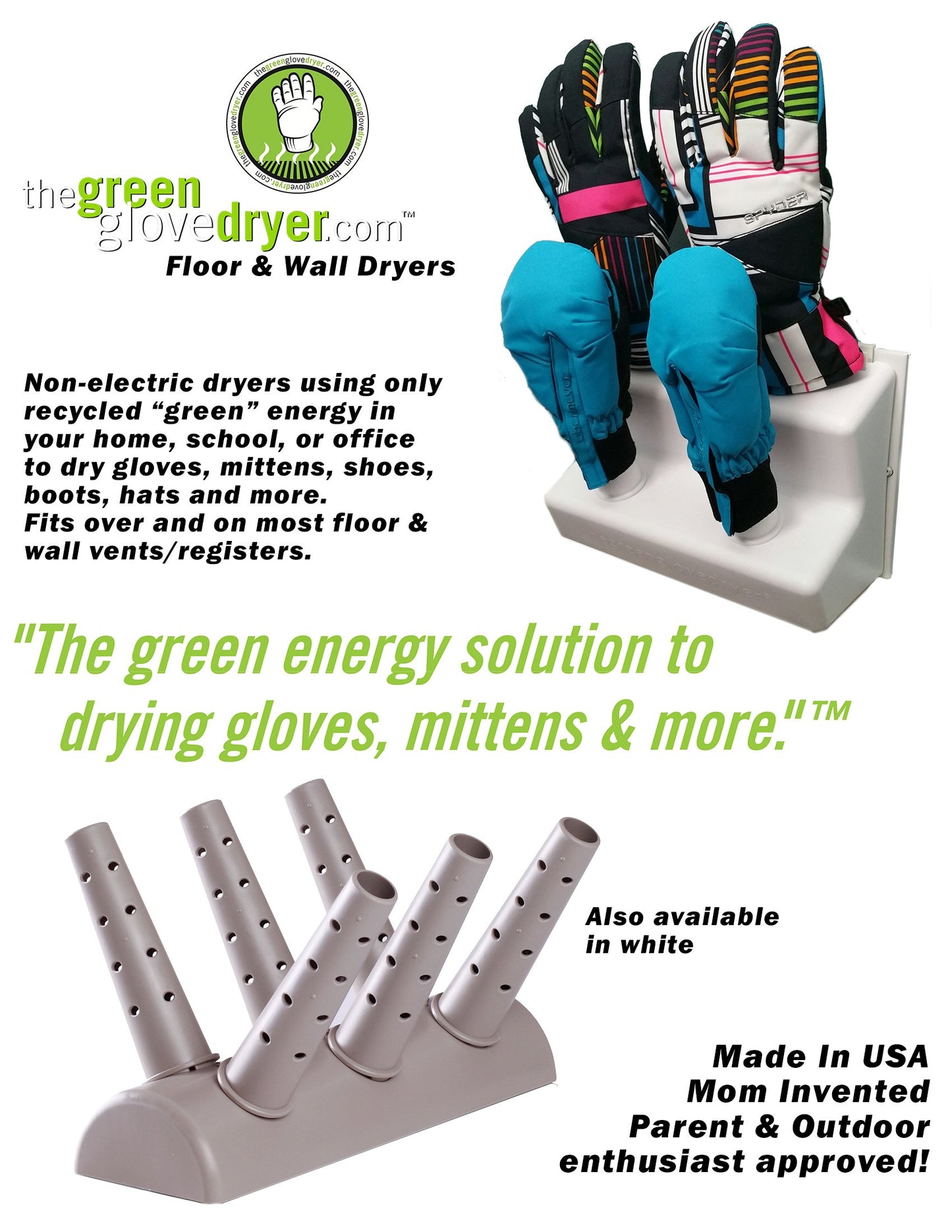 Green Glove Dryer for Hats, Gloves, Shoes & More (Eco Dryer White)