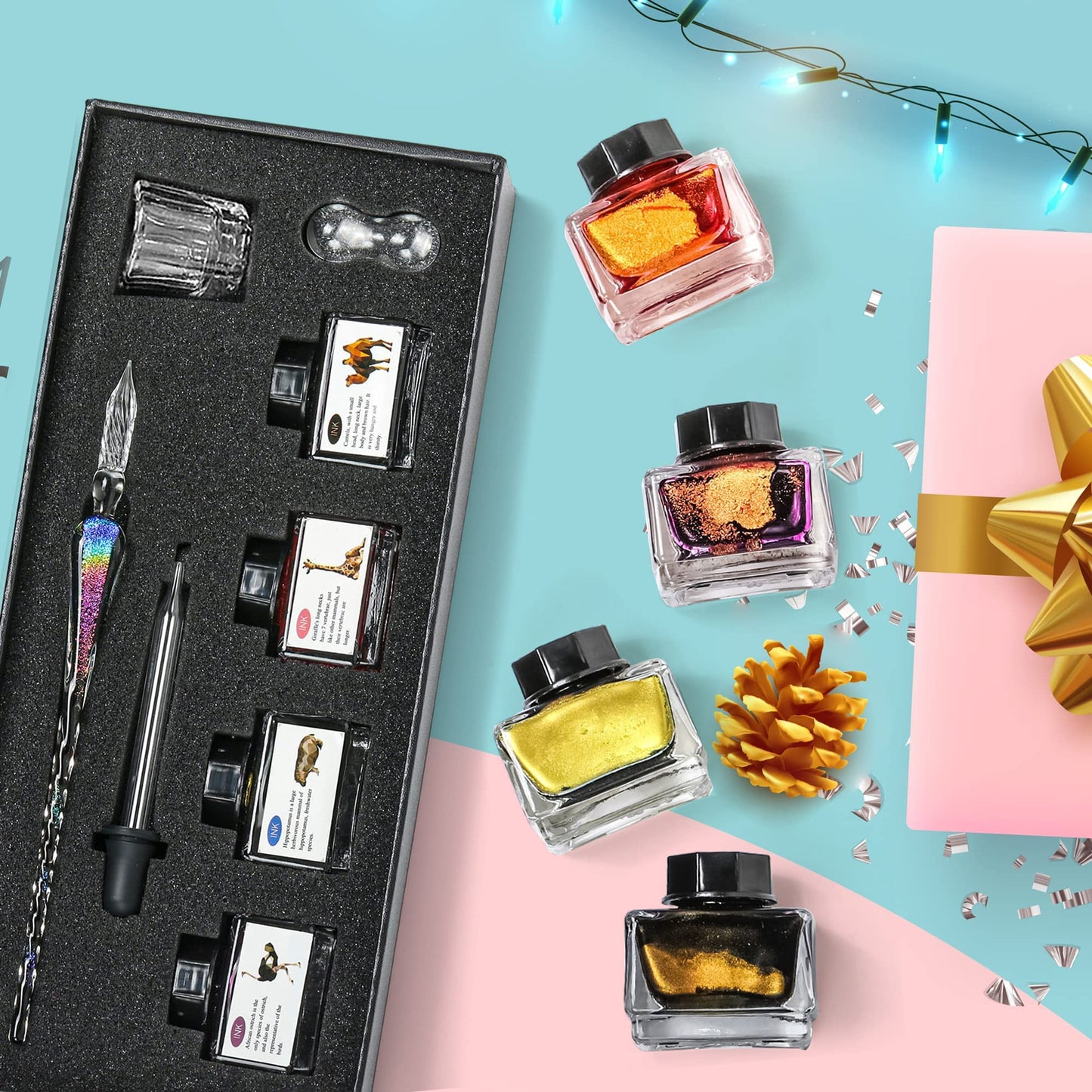 ESSSHOP Handmade Glass Dip Pen and Ink Set - 15ml Color Inks Pen Holder Cleaning Cup Ink Drip Tool Crystal Signature Ink Dipped Pen Kit for Art Writing Calligraphy Christmas Day Gifts