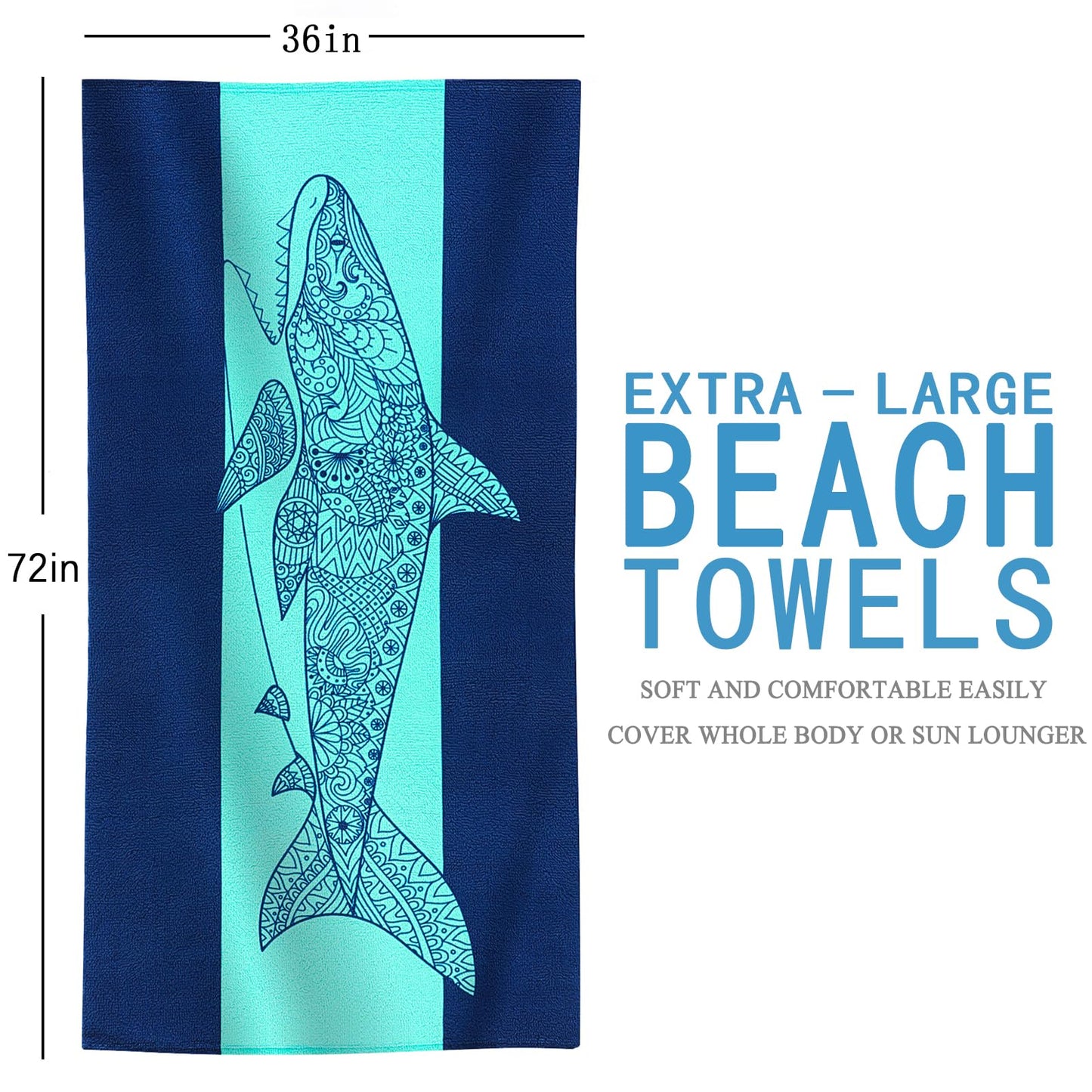 Genovega 2 Packs Oversized Beach Towel Set 36 x 72 in Large Big Pool Camping Swim Clearance Soft Towels Travel Essentials Accessories Must Haves Vacation Necessities Adult Gifts Shark Turtle