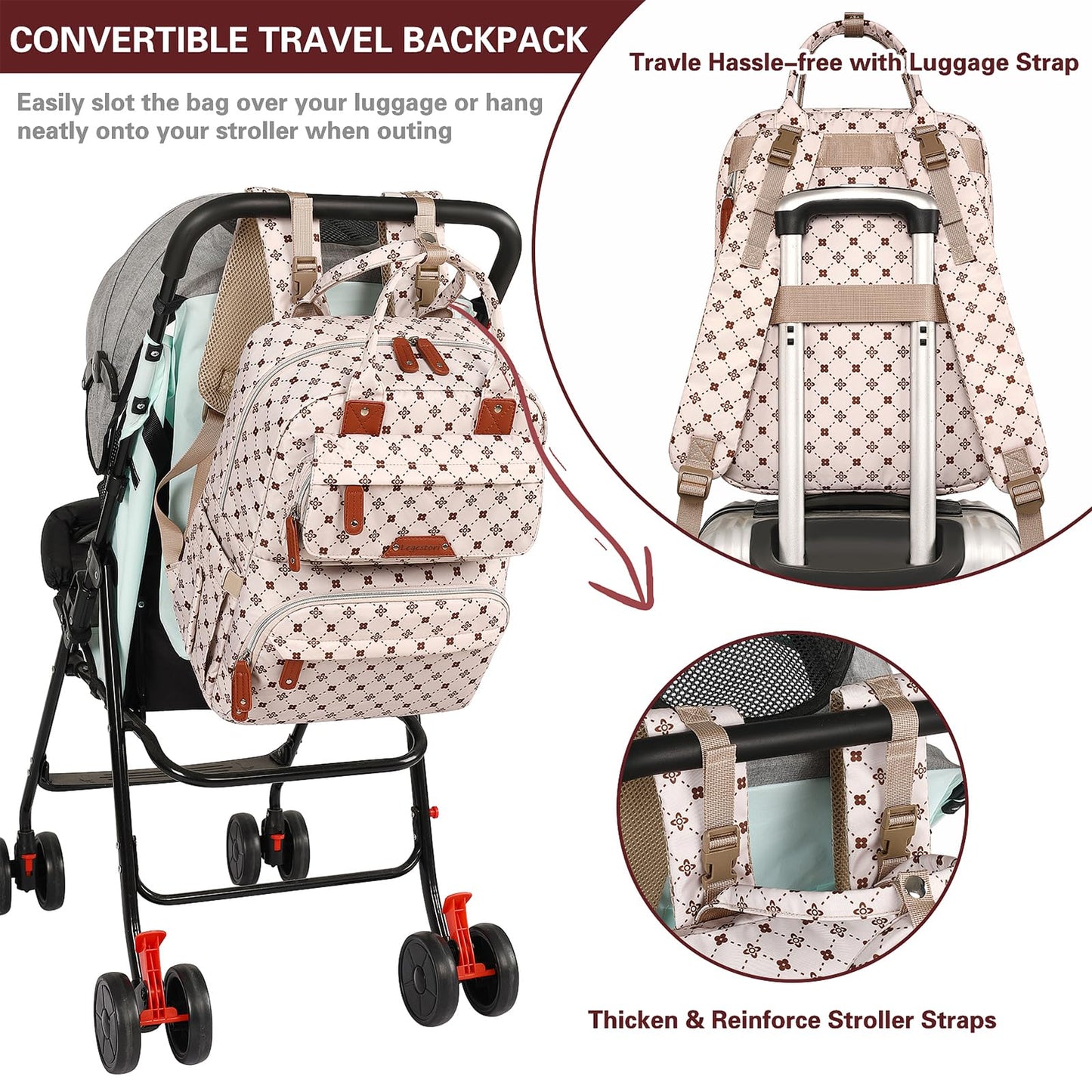 Legestori Baby Diaper Bag Backpack, Baby Bag for Girls Large Capacity with Stylish Flora, Travel Back Pack Multifunction Waterproof, Newborn Baby Registry Shower Gifts, Pink05