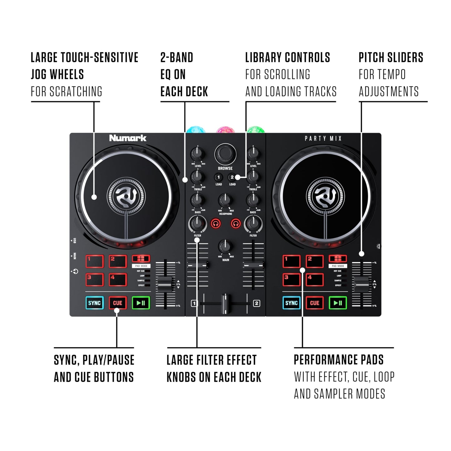 Numark Party Mix DJ Controller with Lights, 2 Decks, Mixer, Audio Interface and (Serato Lite)