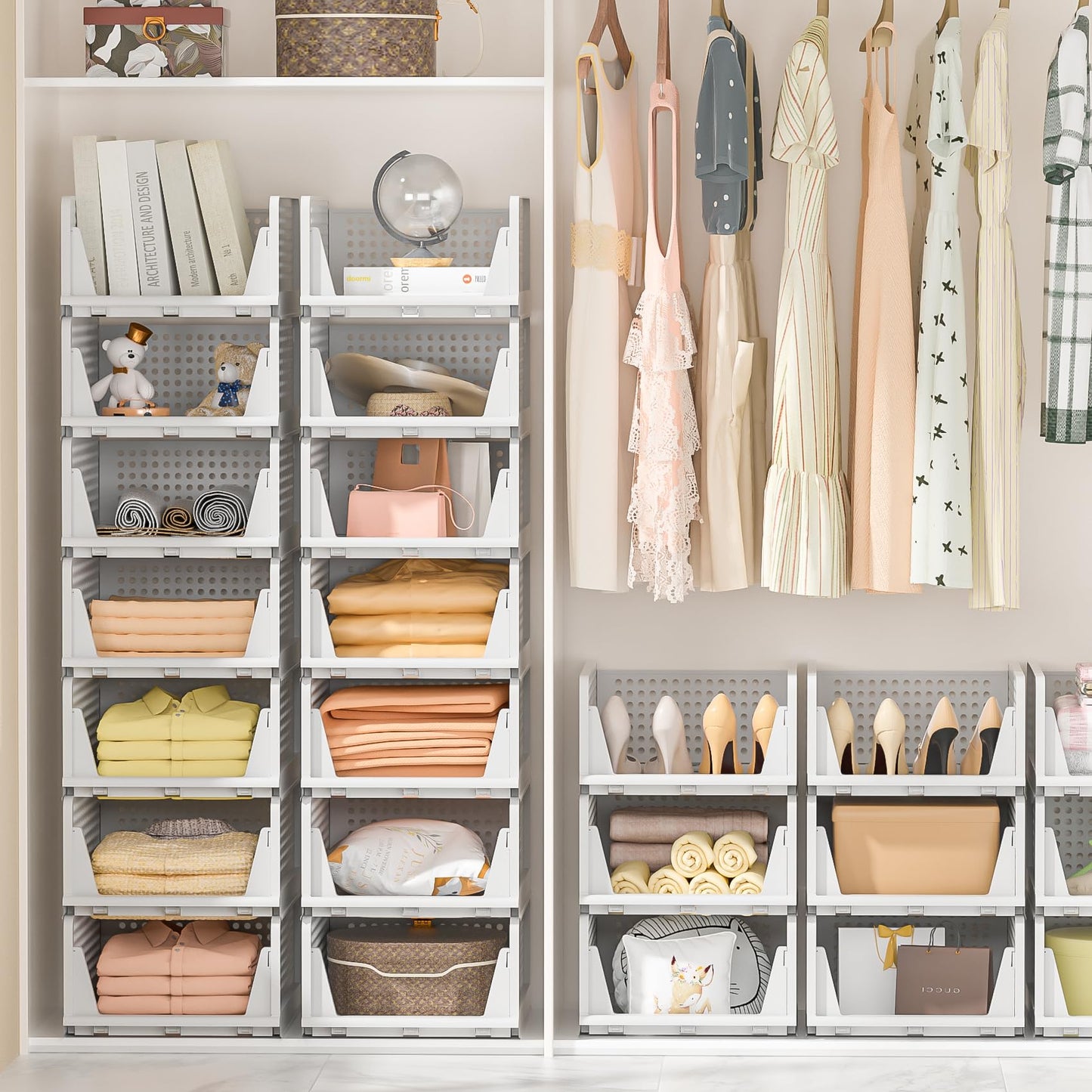 Neprock Clothes Organizers and Storage, 5 Pack Stackable Plastic Bins, Foldable Closet Organizers Drawers for Clothing storage (5L)（White）