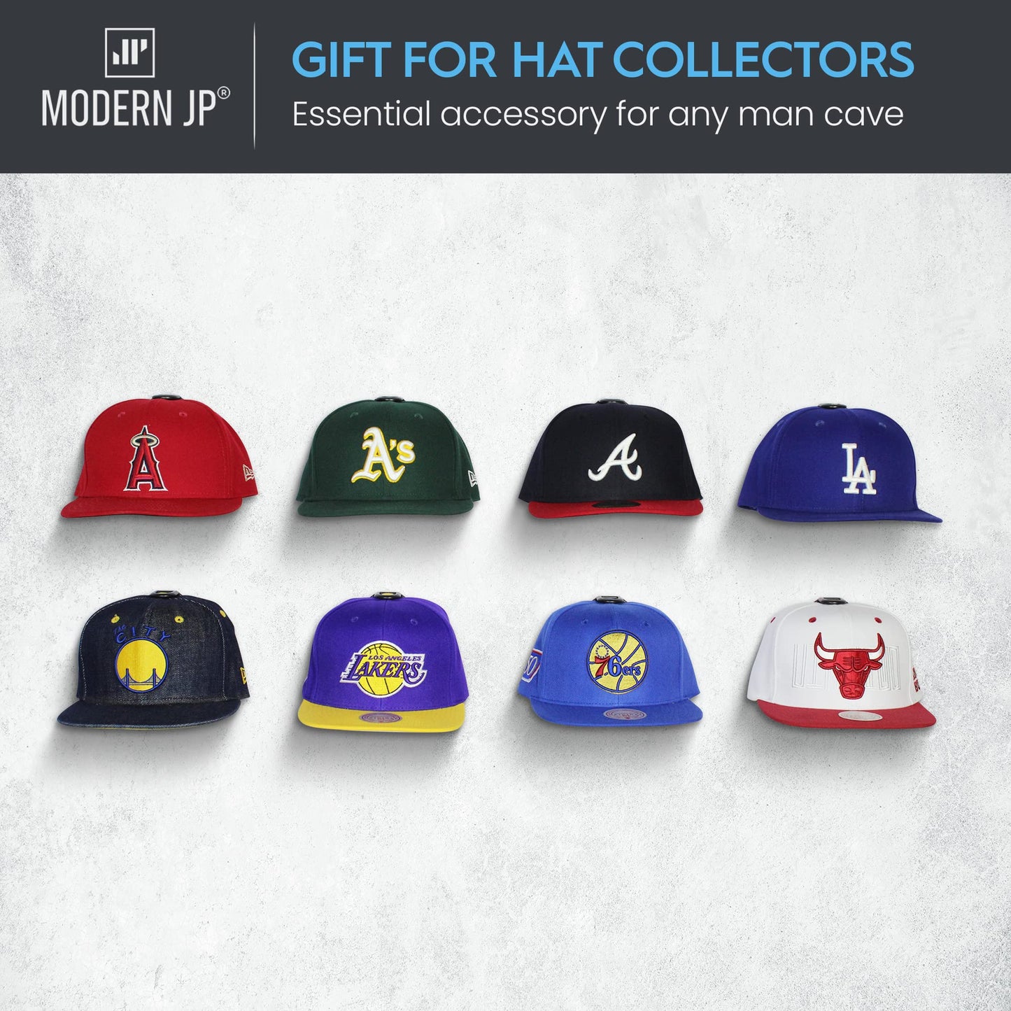Modern JP Adhesive Hat Hooks for Wall (16-Pack) - Hat Rack for Baseball Caps, Minimalist Hat Display, Strong Hold Hat Hangers for Wall - USA Patented, Black