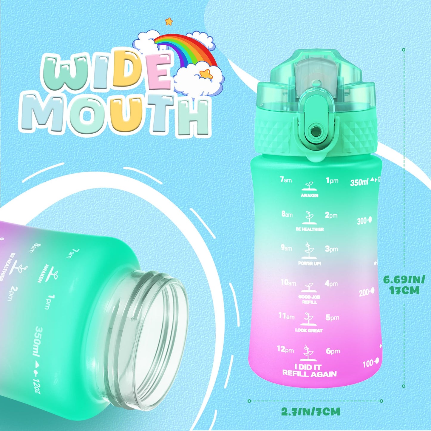 OLDLEY Kids Water Bottle for School, 12 oz (2 lids) BPA-Free Reusable Leak-proof Durable Tritan Plastic Water Bottles with Straw & Chug Lids, Anti-dust Spout Cover (Green Purple)