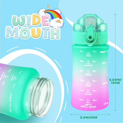 OLDLEY Kids Water Bottle for School, 12 oz (2 lids) BPA-Free Reusable Leak-proof Durable Tritan Plastic Water Bottles with Straw & Chug Lids, Anti-dust Spout Cover (Green Purple)