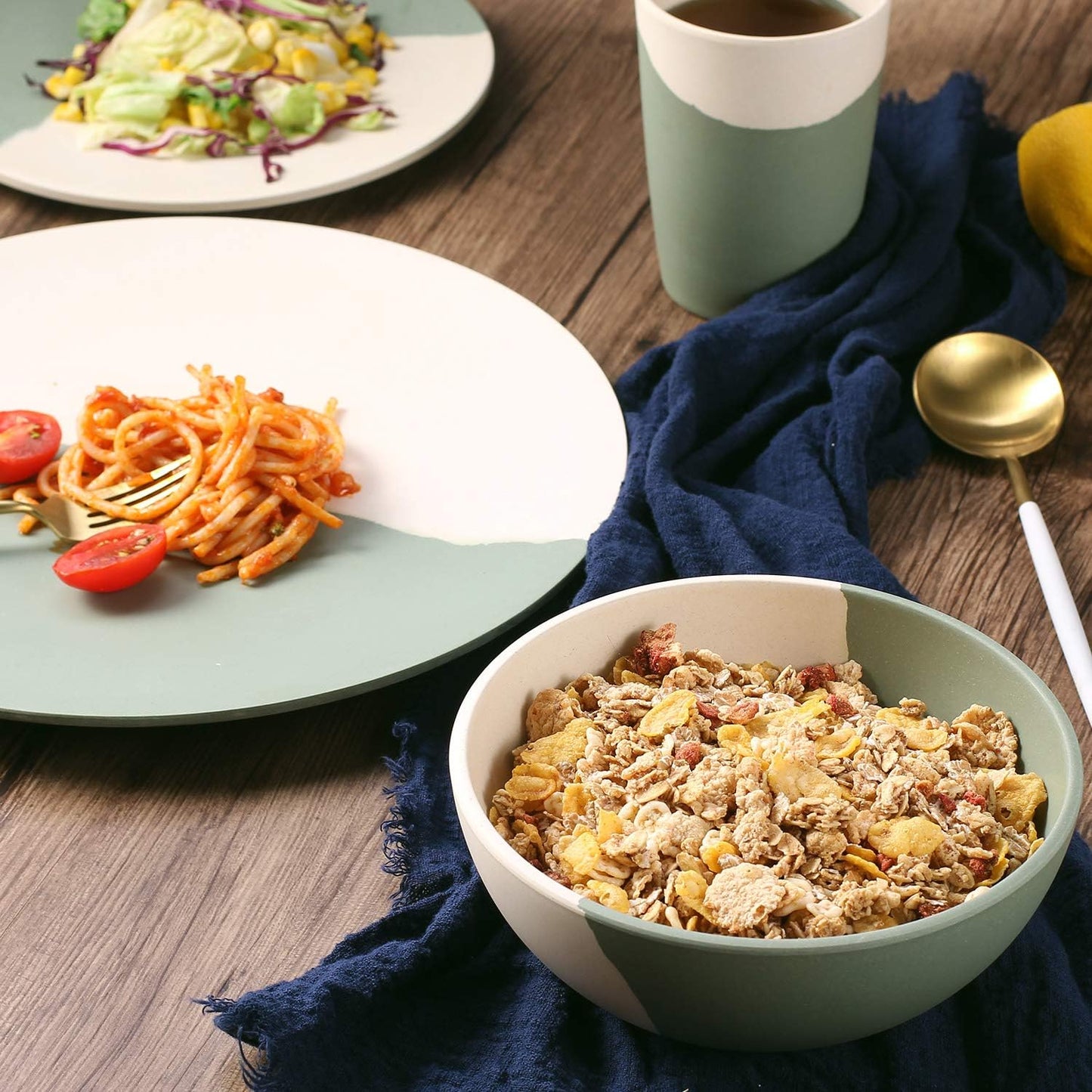 MORGIANA 8 pcs Bamboo Dinnerware Set Reusable Plates Bowls Sets, Camping Picnic Dishes Tableware Set for 2 (Green & White)