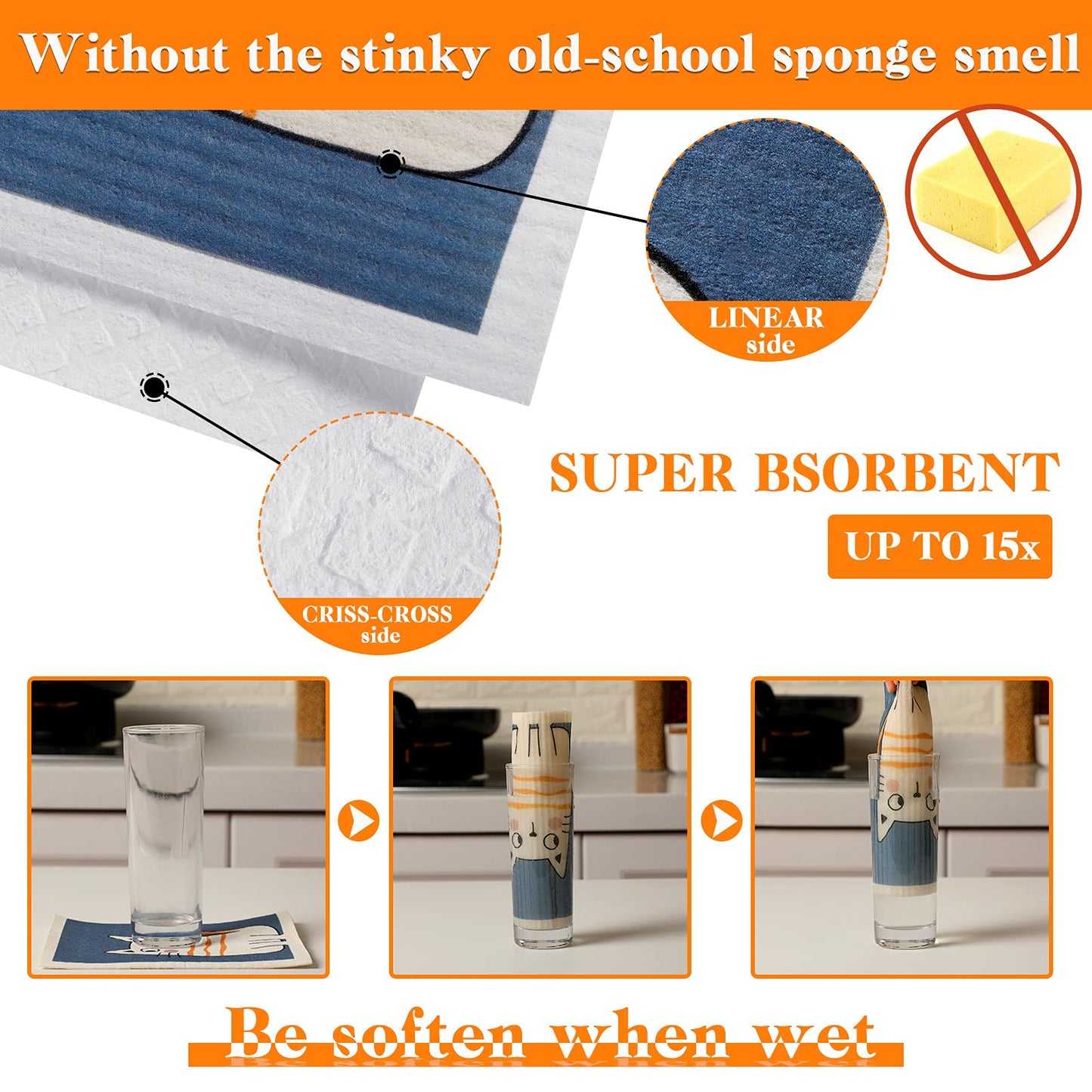 Patelai 6 Pieces Cat Swedish Kitchen Dish Towels Kitchen Cloths Reusable Sponge Cleaning Absorbent Dish Cloth No Odor Cat Hand Towel Quick Drying Washable Cleaning Wipes