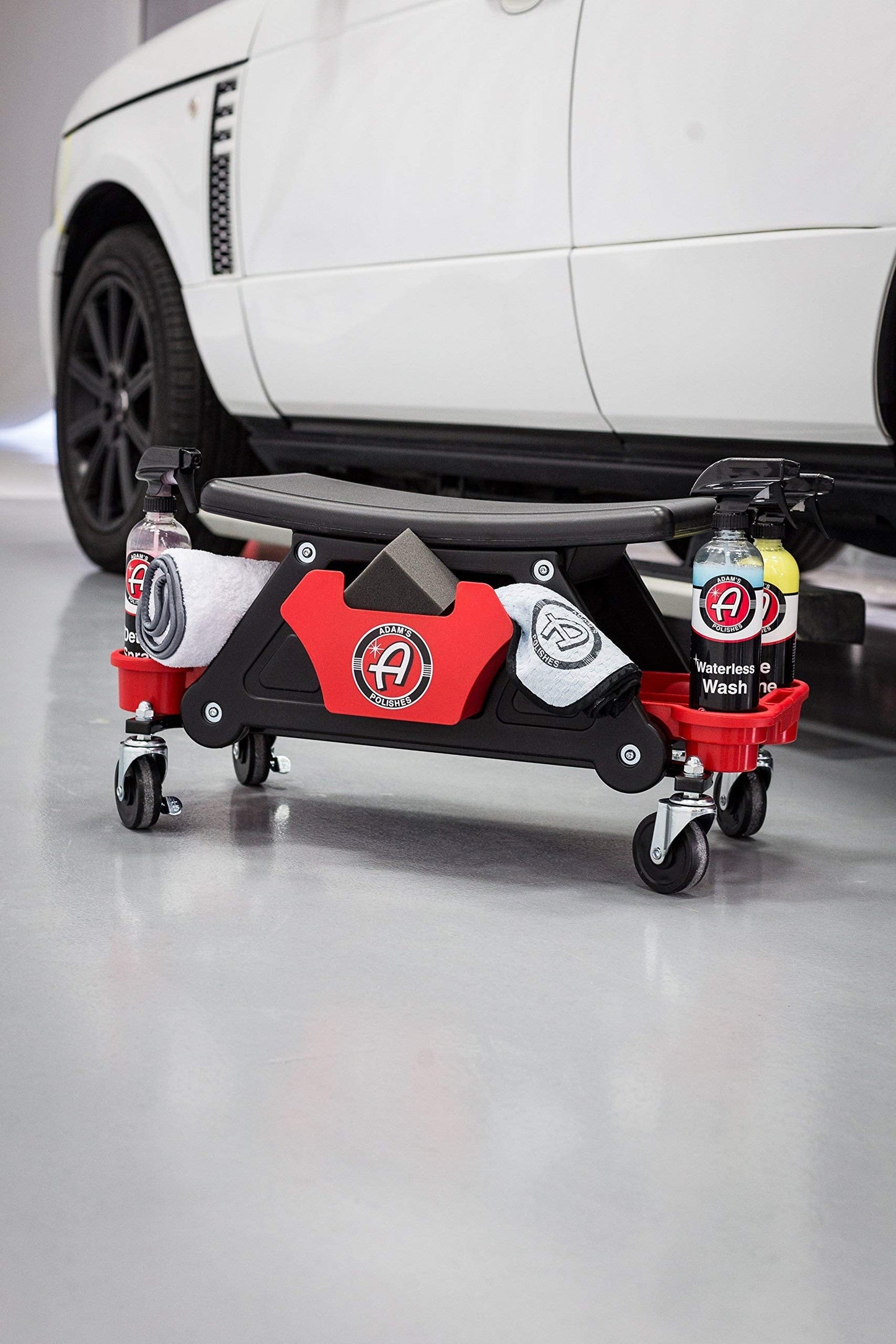 Adam's Polishes Mobile Rolling Utility Creeper Seat for Mechanics & Detailers - With Storage Trays for Tools