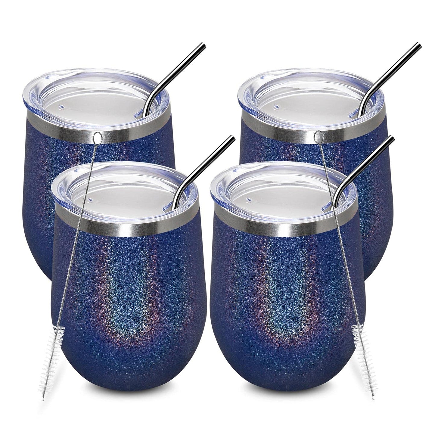MEWAY 12oz/4 Pack Wine Tumbler Glasses with Lid - Stemless Double Wall Vacuum Stainless Steel Glitter Tumbler - Keeping Cold & Hot Cup for Coffee,for Women(Rainbow Navy,Set of 4)