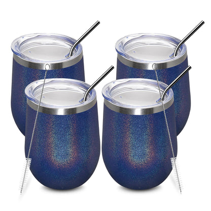 MEWAY 12oz/4 Pack Wine Tumbler Glasses with Lid - Stemless Double Wall Vacuum Stainless Steel Glitter Tumbler - Keeping Cold & Hot Cup for Coffee,for Women(Rainbow Navy,Set of 4)