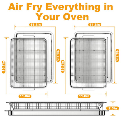 Air Fryer Basket for Oven 15.7"x11.8", 2-Pair Set Large Air Fryer Basket and Tray Stainless Steel Oven Air Fryer Accessories Pan Rack for Cooking Baking and Broiling