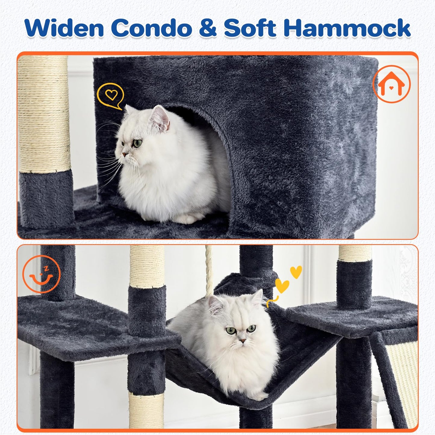 ABCPET Cat Tree Tower 63in Multi-Level Cat Tower for Indoor Cats with Sisal Scratching Posts, Condo, Hammock, Dangling Ball and Extended Platform for Cats to Play, Dark Grey