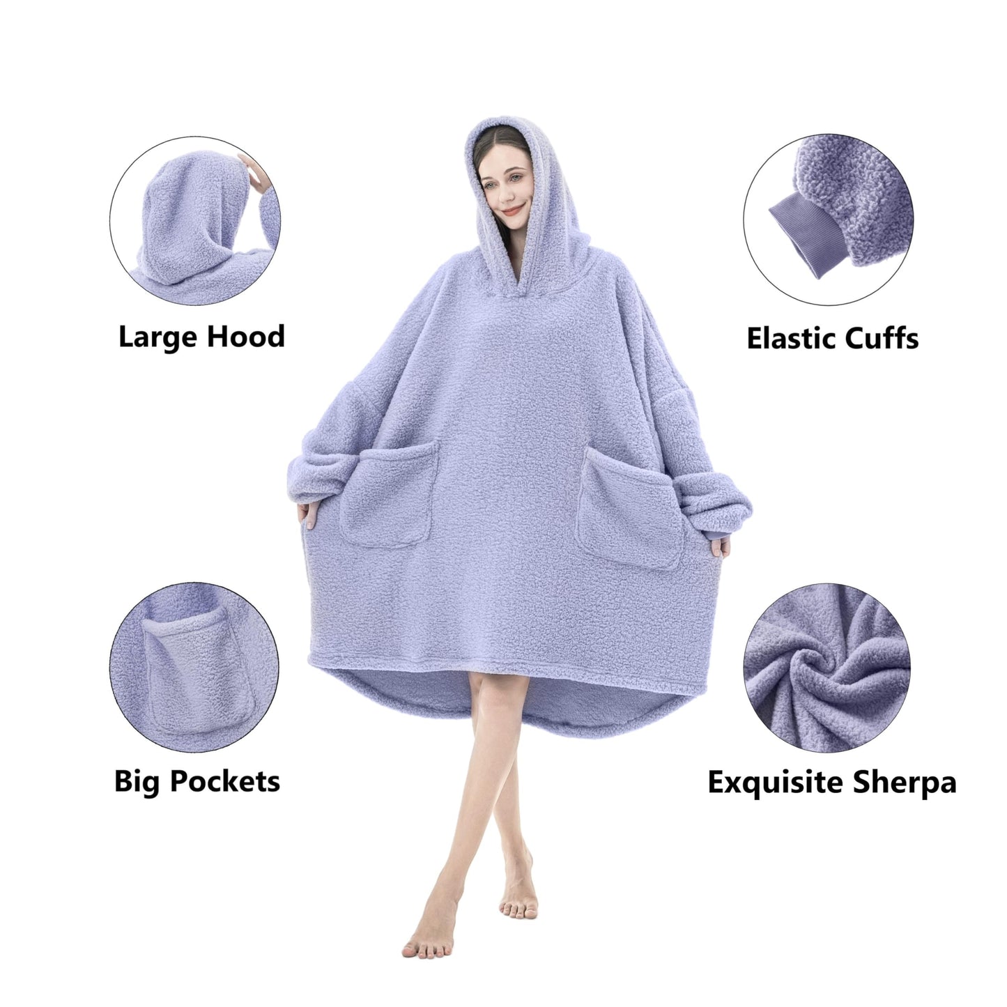 FarryFazzy Sherpa Wearable Blanket Hoodie Gifts for Women, Cozy Warm Oversized Hoodie Sweatshirt Blanket with Pockets for Adults, One Size Fits All(Purple)