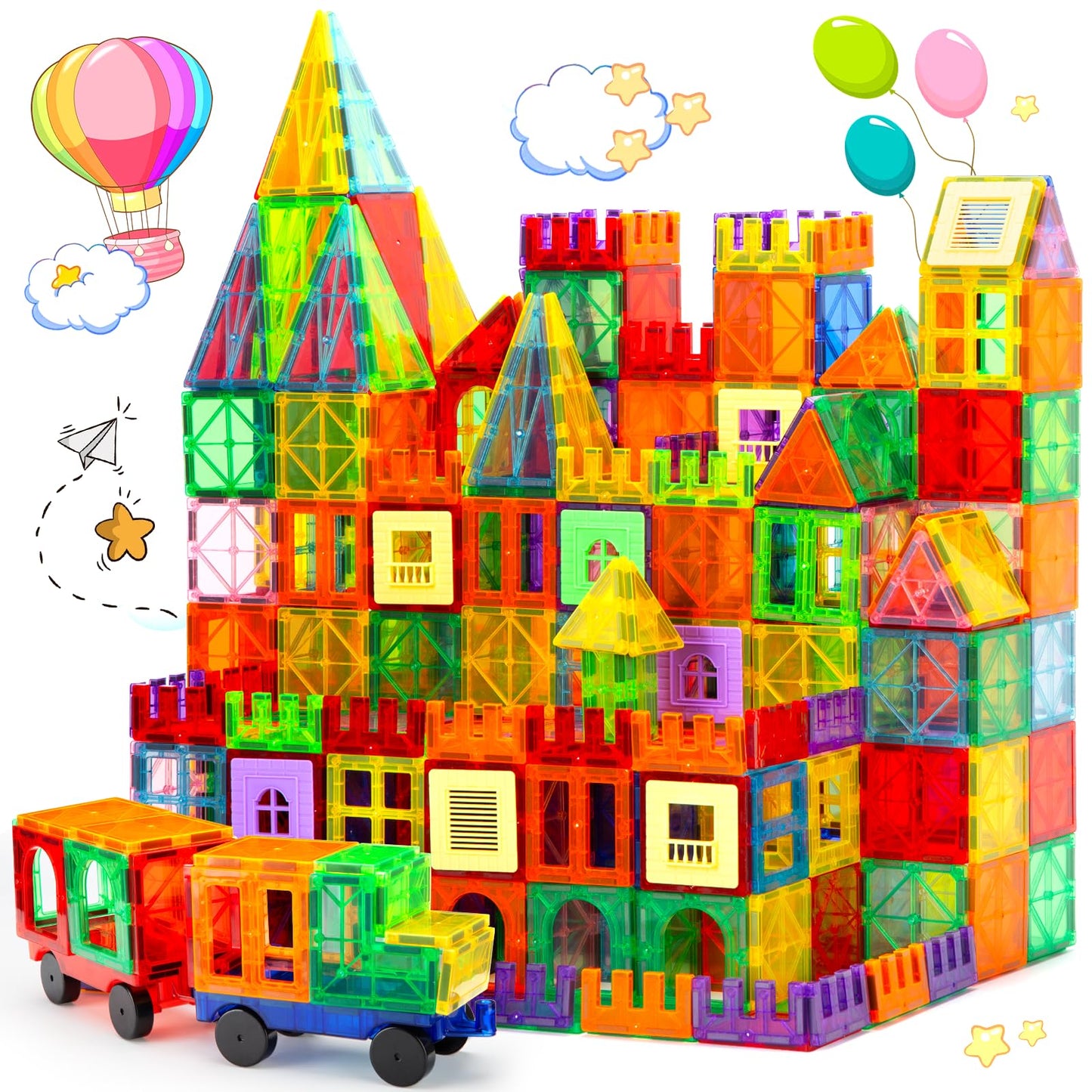 OugerToy Magnetic Tiles,104PCS Magnetic Building Tiles for Kids, Educational Magnetic Stacking Blocks, Magnets Construction Toys, Christmas Toy Gift for Toddlers,Kids Boys and Girls 3 4 5 6 7 8 9+Year