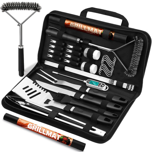 RINPIR 31pcs BBQ Grill Accessories Set for Men Dad, Heavy Duty Grilling Tools Gifts for Fathers Day, Stainless Steel BBQ Utensils Kit with Mats, Grill Brush in Carrying Bag Black