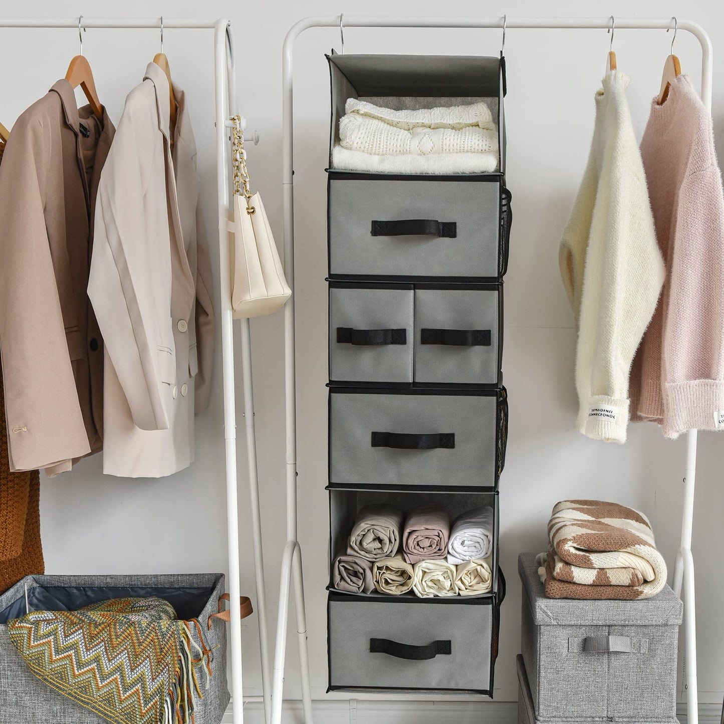 GRANNY SAYS Hanging Closet Organizer 6 Shelves, Closet Organizers and Storage with 5 Drawers, 6 Side Pockets Closet Hanging Organizer, Hanging Storage Organizer for Closet, Baby Clothes, Gray