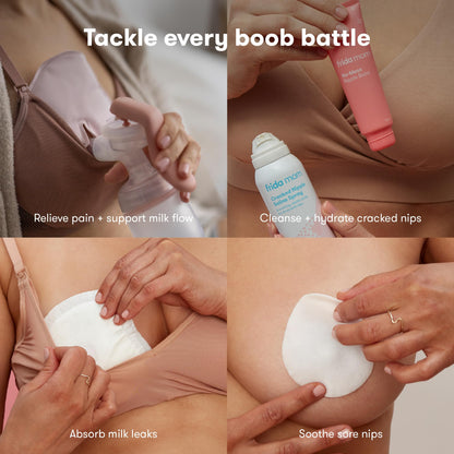 Frida Mom Breastfeeding Survival Kit for Nursing Moms, Reusable Hot+Cold Breast Relief Packs, Hydrogel Nipple Pads, Cracked Nipple Saline Spray, Nipple Balm, Nursing Pads, 13 Piece Gift Set