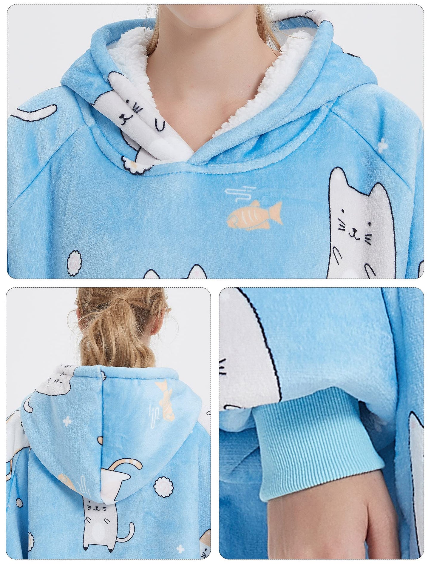 KFUBUO Wearable Blanket Hoodie for Adults Sherpa All Patterns Blue Cat Oversized Sweatshirt Blanket with Pockets Cute Gifts for Women