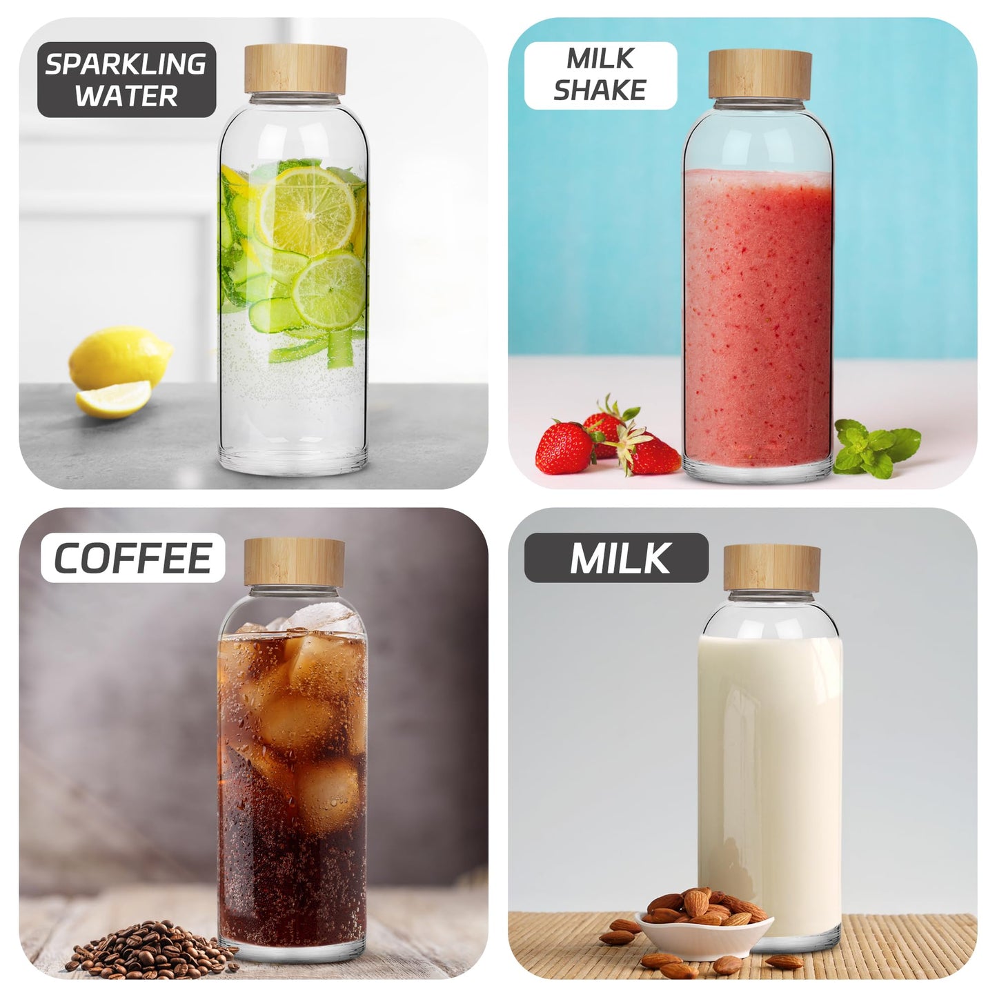 Ferexer 48 oz Sports Borosilicate Glass Water Bottle with Bamboo Lid with Neoprene Sleeve