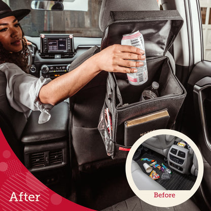 Lusso Gear Spill-Proof Car Trash Can - 2.5-Gallon Black Round - Leak-Proof Lid & Waterproof Removable Liner - Hanging Car Trash Bin & Organizer for SUV, Truck & Minivan