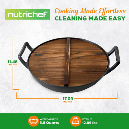 NutriChef Cast Iron Wok with Wooden Lid - Pre-Seasoned Chinese Wok for Stir-Fry, Compatible with Multiple Cooktops Including Induction, Large 5.8 Qt Capacity, 12" Diameter