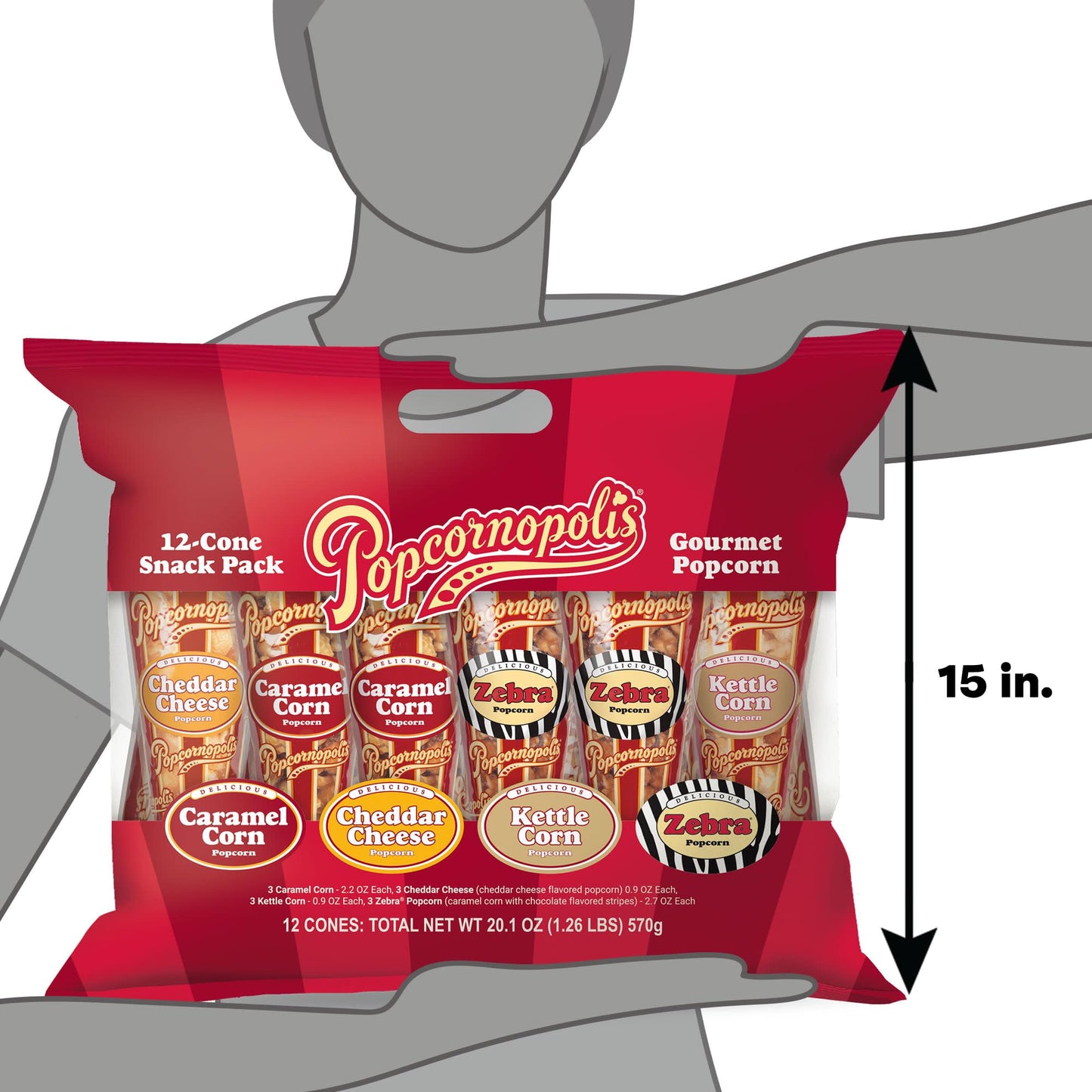 Popcornopolis Gourmet Popcorn Cone Variety Pack – Zebra, Cheddar Cheese, Caramel & Kettle Corn Popcorn, Great for Gifting & Sharing (12-Count)