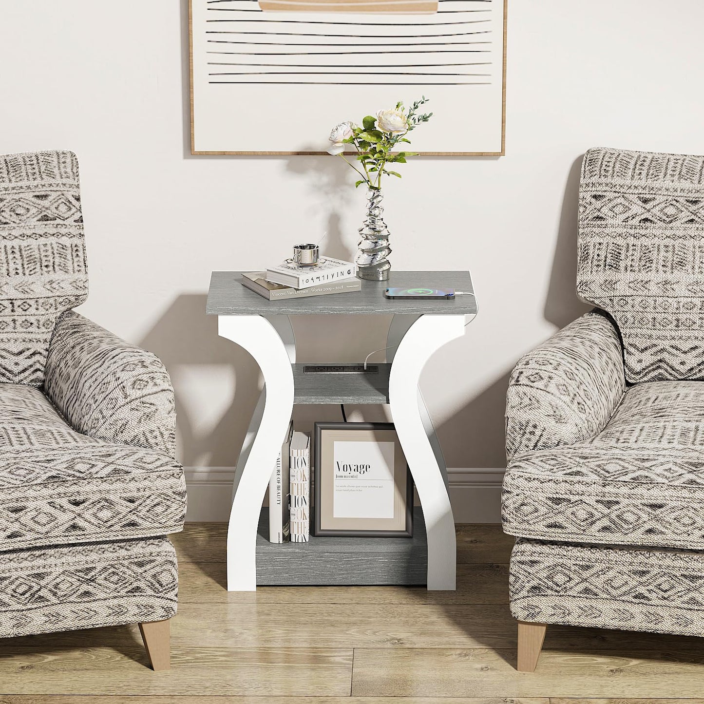 FROMJBEST End Tables Living Room, Grey End Table with Charging Station, Grey Side Table, Nightstand for Bedroom, 3 Tier End Table with Storage Shelf for Living Room