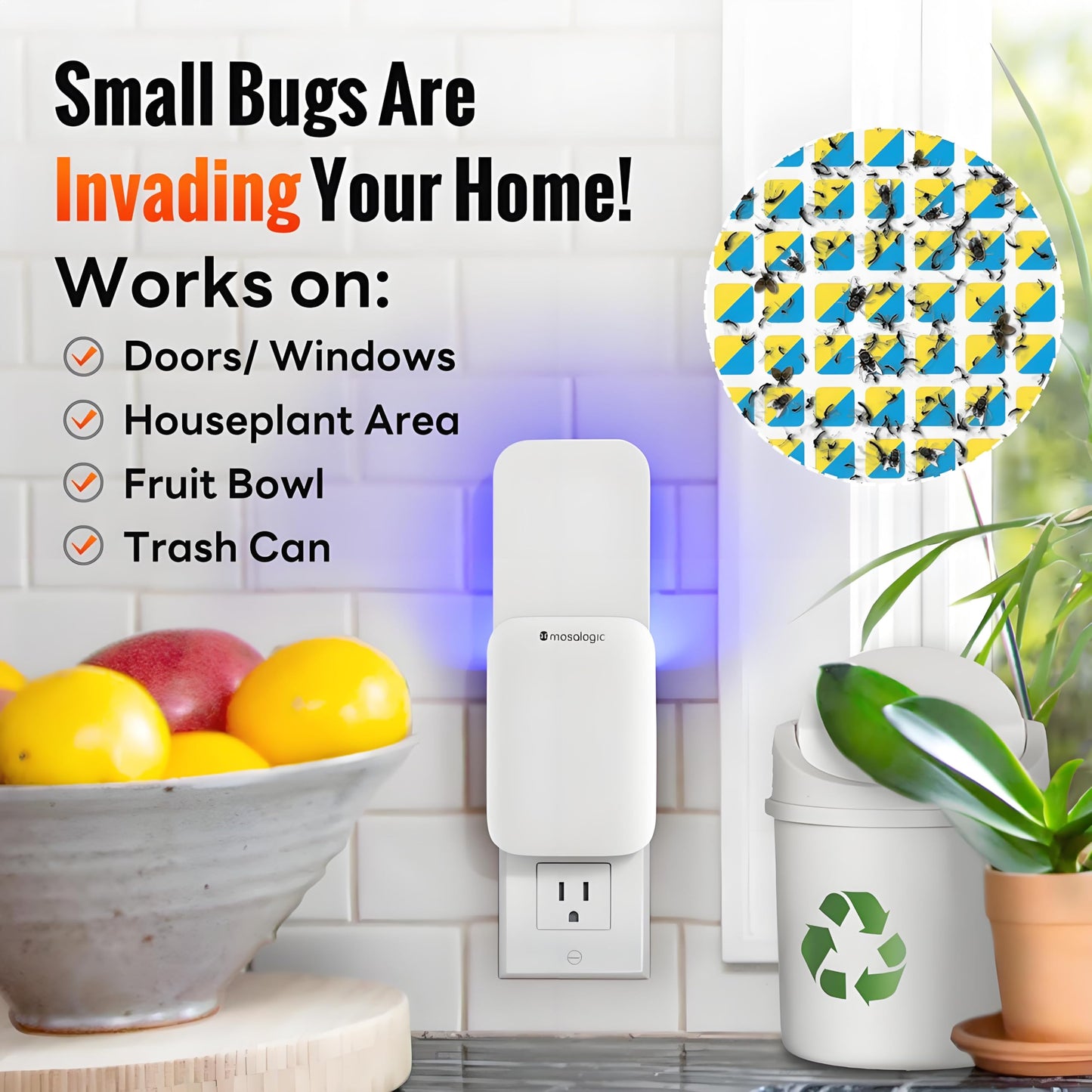 Mosalogic Fruit Fly Traps for Indoors Gnat Trap for House Indoor- 600 Sqft Protection Area UV Fly Insect Trapper for Fruit Flies，Gnat，Mosquito，and Other Flying Insect Plug in Bug Killer White