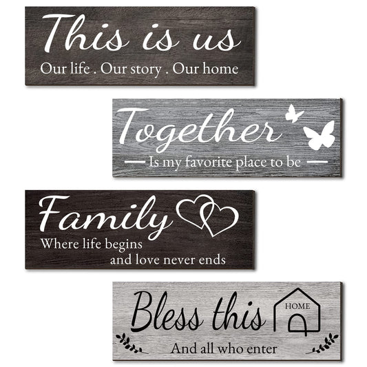 Joyhawk 4 Pieces Home Wall Decor Signs, THIS IS US/TOGETHER/BLESS THIS HOME/FAMILY Wall Decor For Living Room Bedroom, Rustic Wooden Farmhouse Wall Art Decor, 4.7 x 13.8 Inch(Mixed Color)