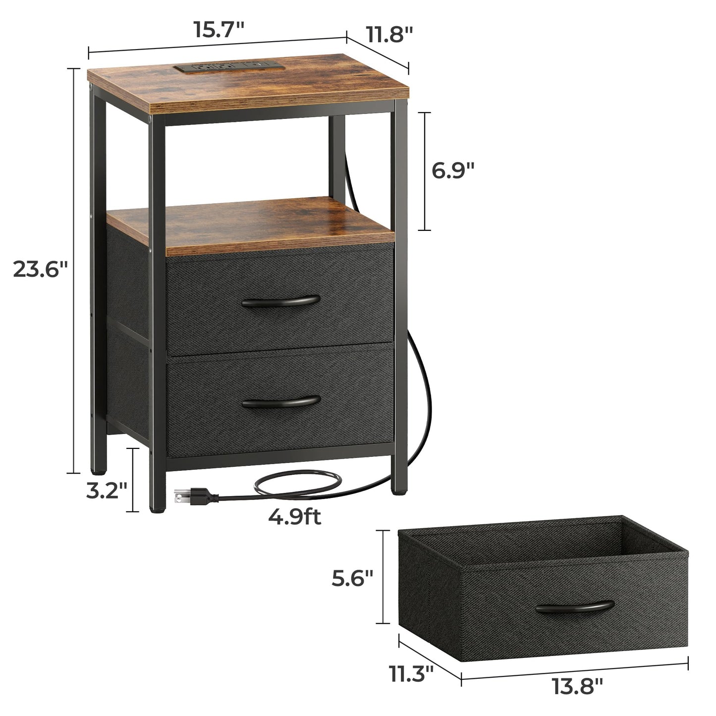 Huuger Nightstand with Charging Station, Side Table with Fabric Drawers, End Table with Open Shelf, Bedside Table with USB Ports and Outlets, Night Stand for Bedroom, Rustic Brown and Black