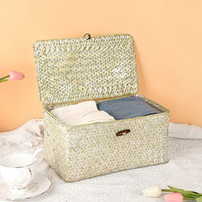 Hipiwe Seagrass Storage Basket Bins with Lid, Handwoven Wicker Shelf Baskets Bin Rectangular Household Basket Organizer Boxes for Shelf Closet Bedroom Home Decor, Whitewash Medium