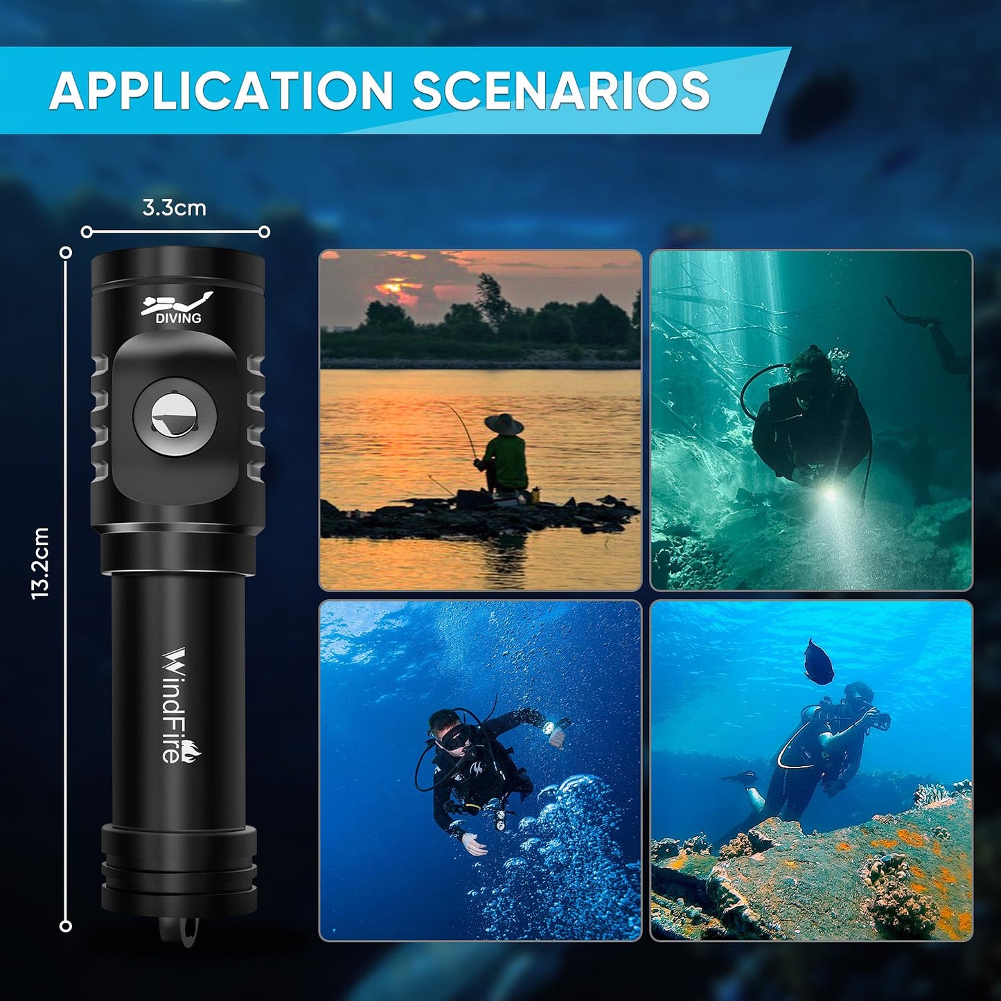 WINDFIRE Dive Light Scuba Diving Flashlight, Super Bright Rechargeable Waterproof Torch with Power Indicator, 3 Modes Underwater Lights, Scuba & Snorkeling Safety Dive Lights for Night Diving