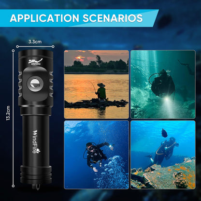 WINDFIRE Dive Light Scuba Diving Flashlight, Super Bright Rechargeable Waterproof Torch with Power Indicator, 3 Modes Underwater Lights, Scuba & Snorkeling Safety Dive Lights for Night Diving