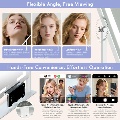 LuxeVue Makeup Mirror with Lights, Vanity Mirror with 3 Lighting Modes, Light Up Mirror, Touch Sensor, AC-Powered, 360° Rotatable, Metal Frame, with Detachable 3.5" 15X Spot Mirro, Gift for Women