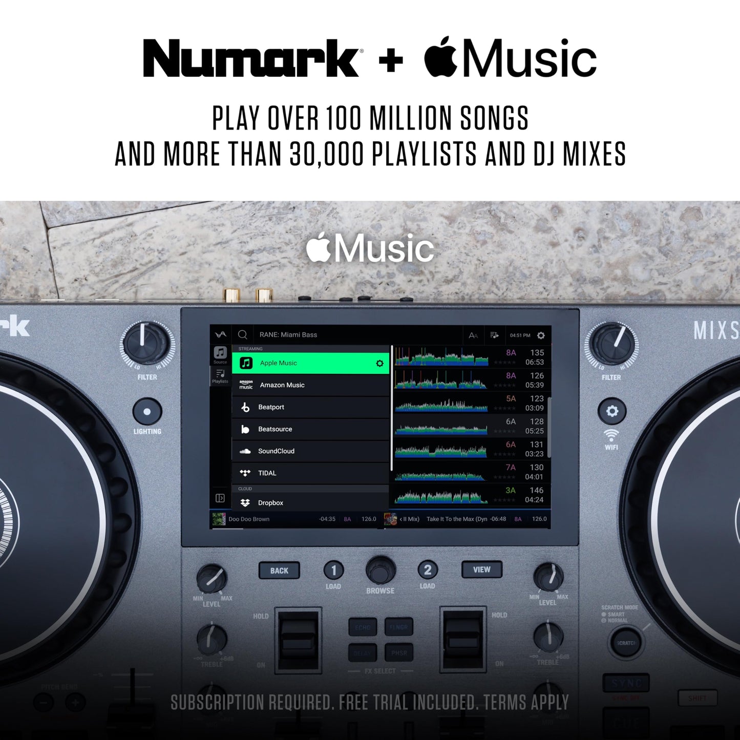 Numark Mixstream Pro Go Portable DJ Controller with Battery, Mixer with Stem Separation, Speakers, WiFi Streaming, Touchscreen, works with Serato DJ