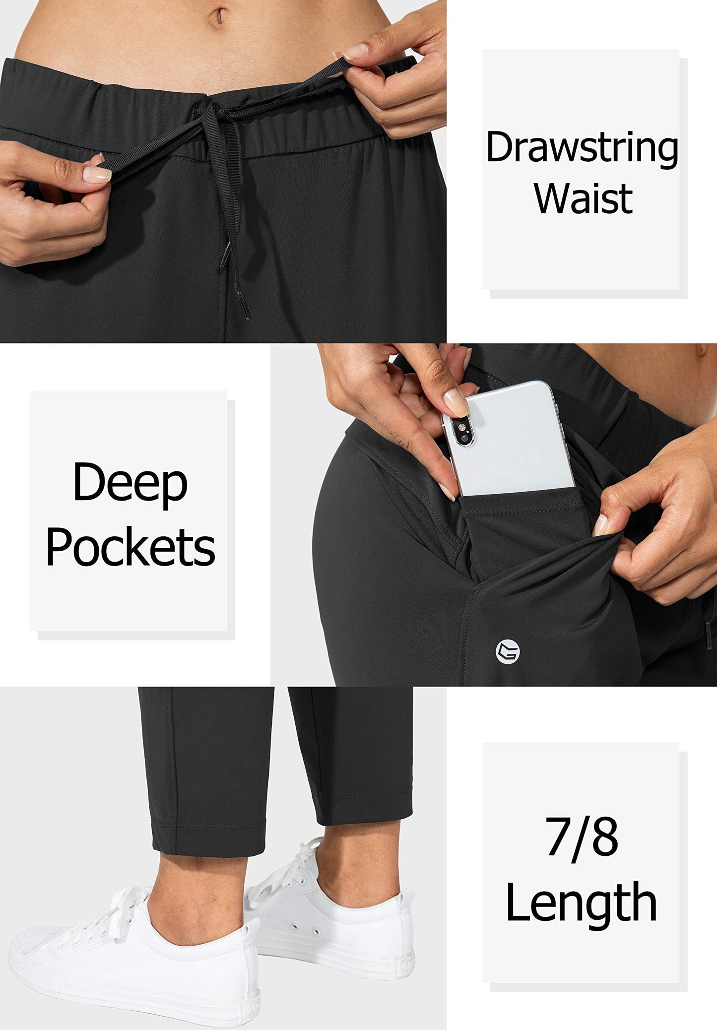 G Gradual Women's Pants with Deep Pockets 7/8 Stretch Sweatpants for Women Athletic, Golf, Lounge, Work (Black, Small)