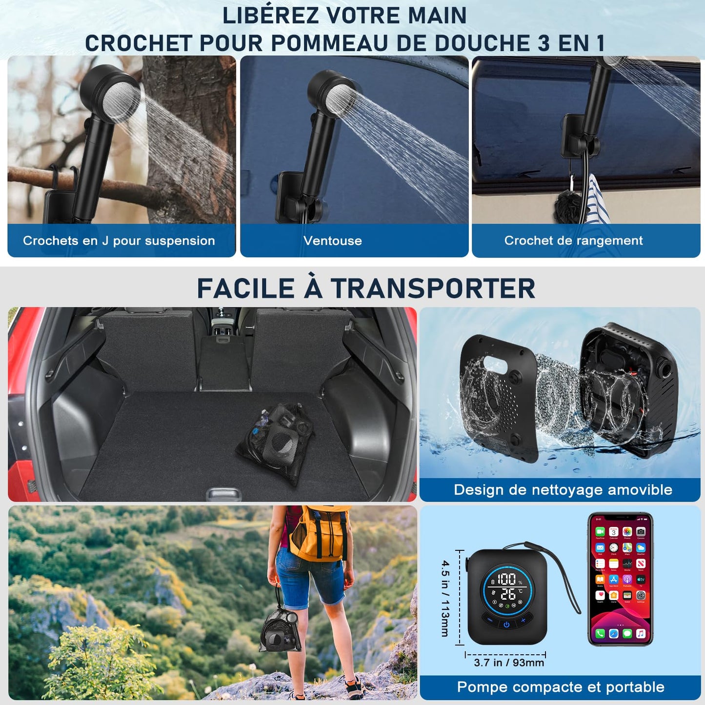 Portable Shower for Camping, [Upgraded] Spopal 8000mAh Rechargeable Camping Shower with 5 Adjustable Speeds, 4 Spray Modes, LED Display, IPX8 Waterproof Outdoor Shower Kit for Hiking, Travel, Car, Pet