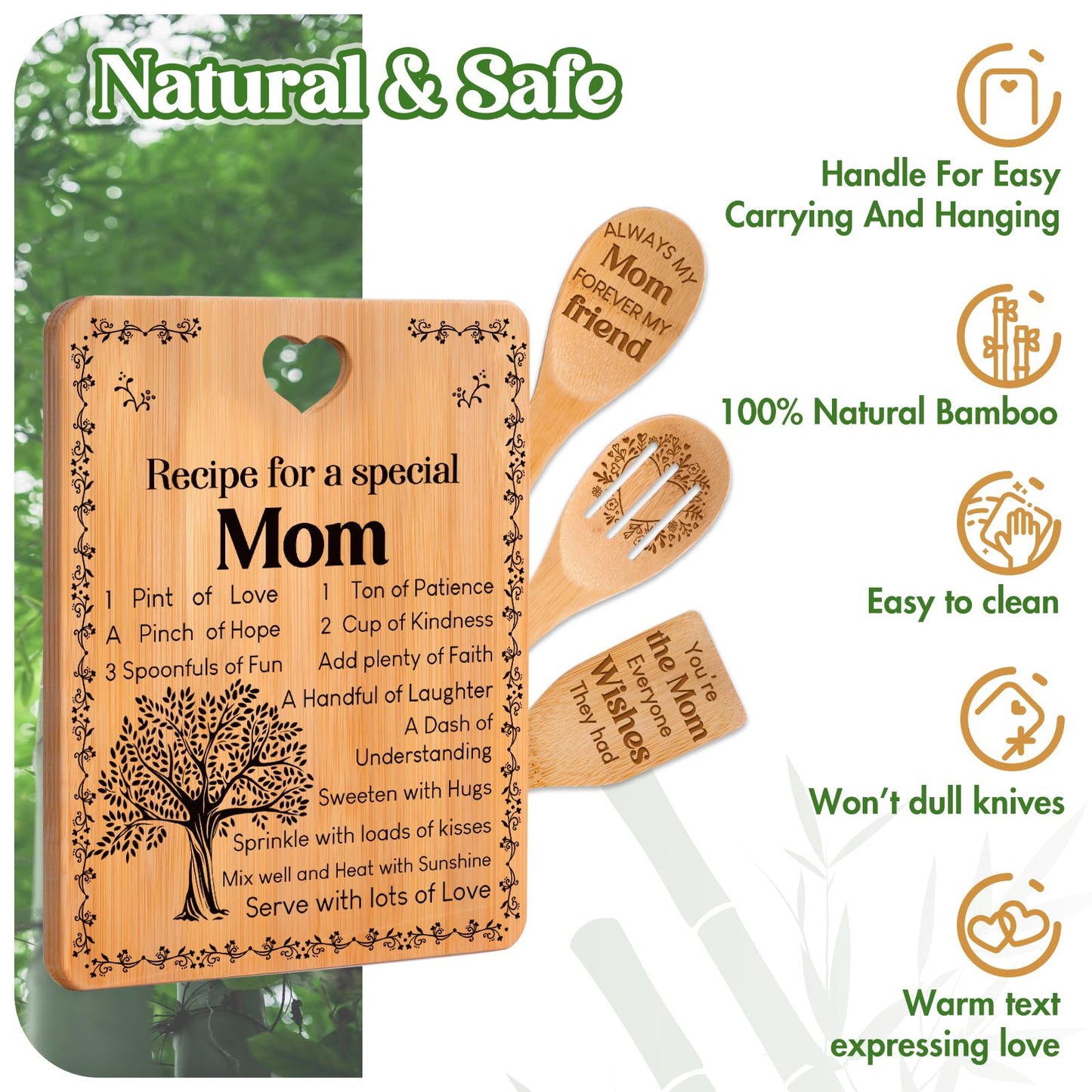 Mom Birthday Gifts - "Recipe for a Special Mom" Gifts for Mom Cutting Board Set, Bamboo-Made Engraved Utensil Set Birthday Presents for Mom