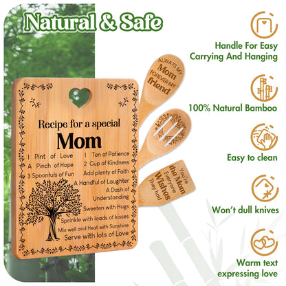 Mom Birthday Gifts - "Recipe for a Special Mom" Gifts for Mom Cutting Board Set, Bamboo-Made Engraved Utensil Set Birthday Presents for Mom