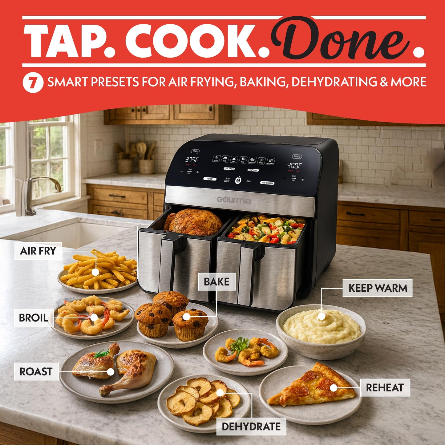 Gourmia Dual Basket Digital Air Fryer – 10 QT, FryForce 360° Technology, 7 Presets, Match Cook & Smart Finish, PTOA-Free Baskets & Crisper Trays, 1600W, Black