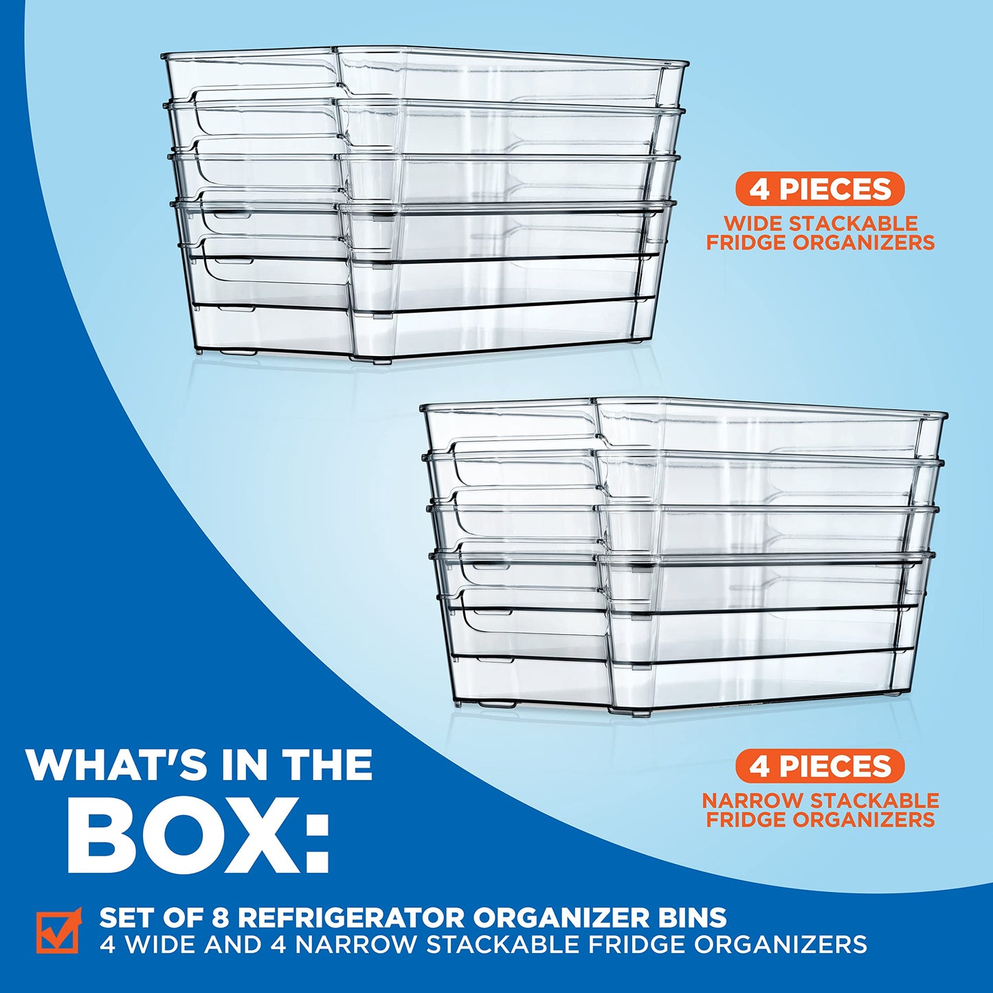 NutriChef 8-Piece Clear Refrigerator Organizer Bins – BPA-Free Fridge, Freezer, Pantry, Cabinet Storage Set (4 Wide & 4 Narrow Bins)