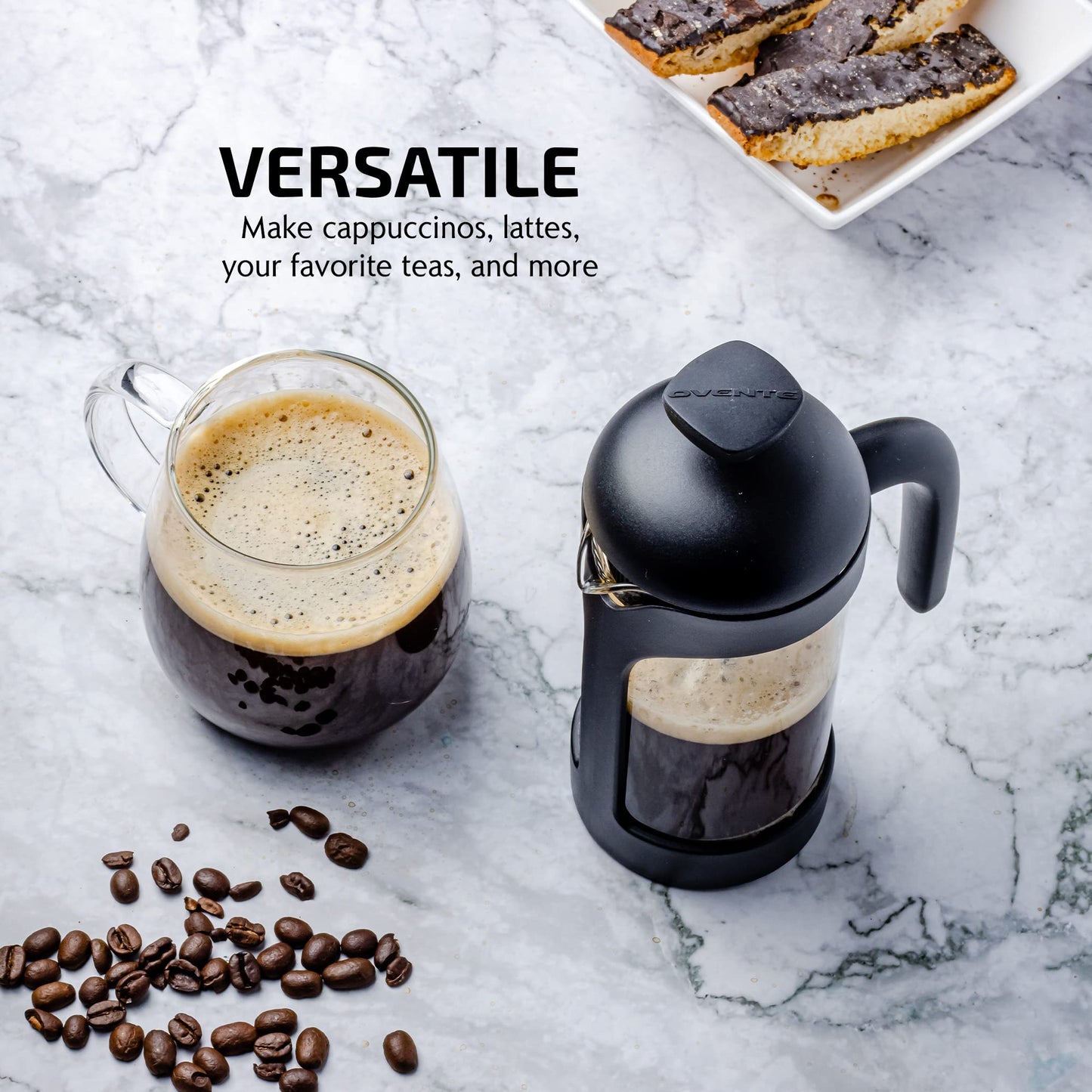 OVENTE French Press Coffee Maker 12 Ounce with Heat Resistant Borosilicate Glass & Stainless Steel 4-Level Filtration System, Portable Cold Brew Coffee Maker for Travel, Camping or Gift, Black FPB12B