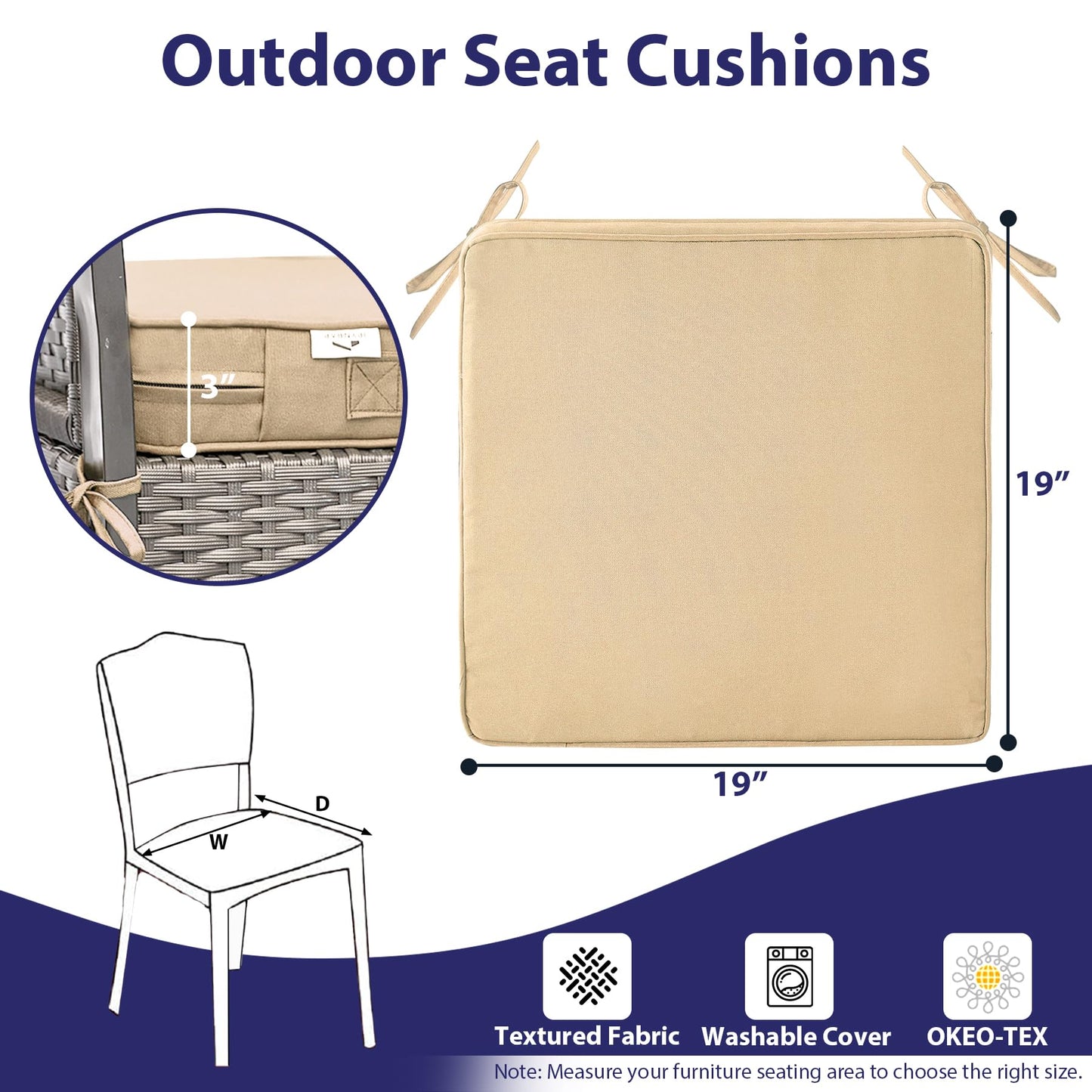 IPYNBAP Outdoor Chair Cushions Set of 4, Waterproof Outdoor Seat Cushions for Patio Furniture, Patio Chair Cushion with Handle and Ties, Square Out Door Chair Pads,19" x 19" x 3", Beige