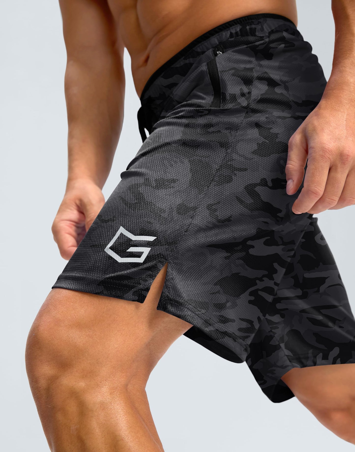 G Gradual Men's Gym Shorts wtih Zipper Pocket 9" Athletic Basketball Mesh Shorts for Men Workout Quick Dry Lightiweight(Grey Camo,L)