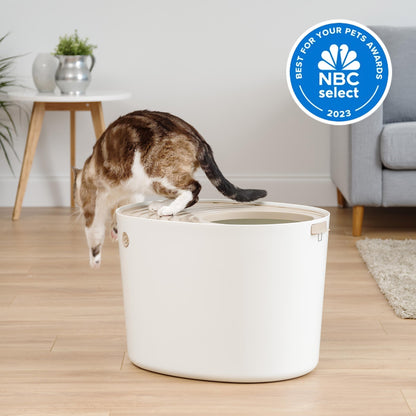 IRIS USA Cat Litter Box, Large Top Entry with Litter Catching Lid and Scoop, Dog Proof, Cat Box Enclosure, Beige/White