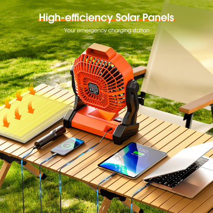 Rechargeable Solar Powered Fan,(30Hours Working) Solar Camping Fans & Led Lantern,8-inch Portable Fan with 7W Solar Panel, Battery Operated Powered Outdoor Tent Fans for Camping Essentials Accessories