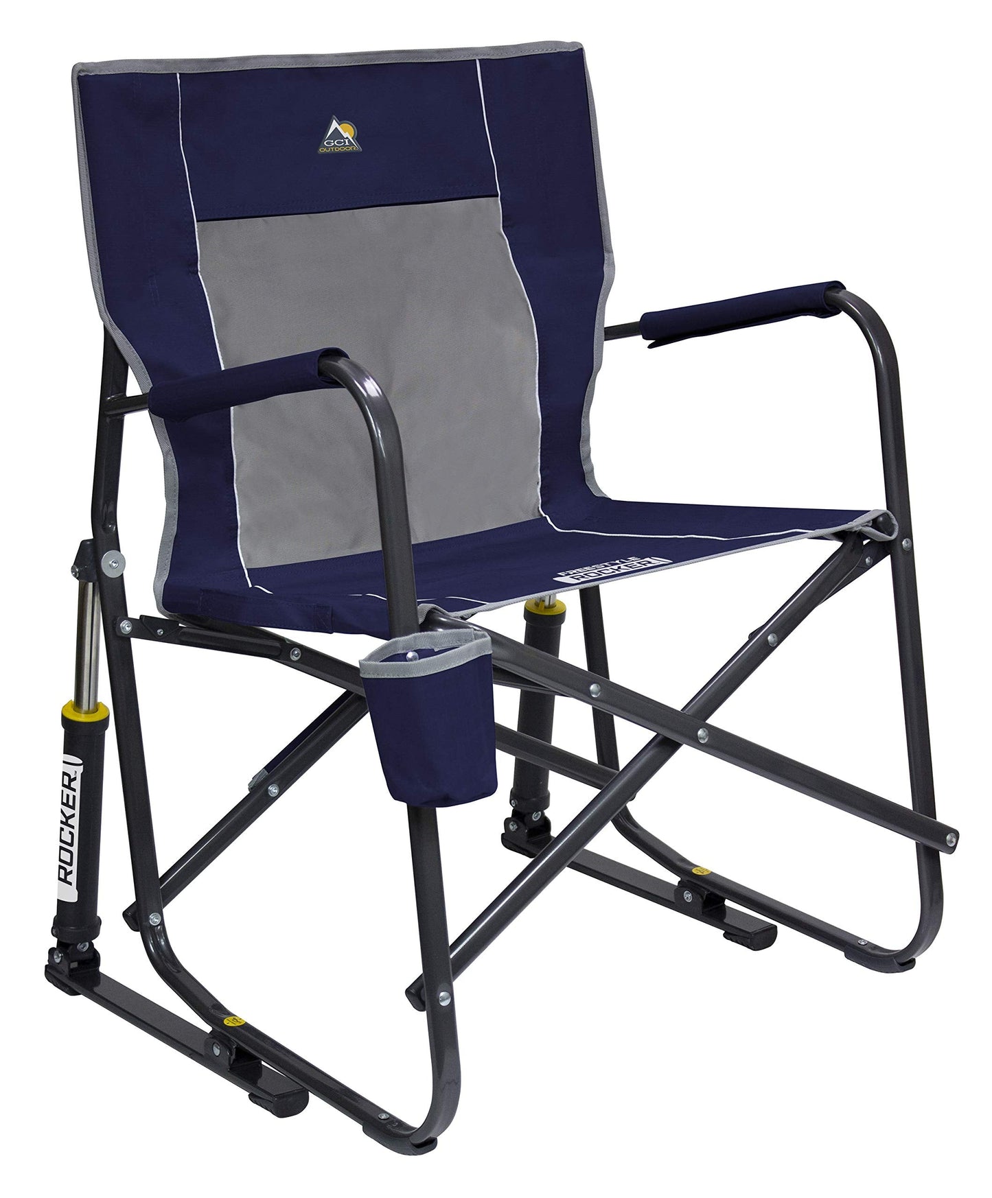 GCI OUTDOOR Freestyle Rocker Camping Chair | Portable Folding Rocking Chair with Solid, Durable Armrests, Drink Holder & Comfortable Backrest — Indigo Blue